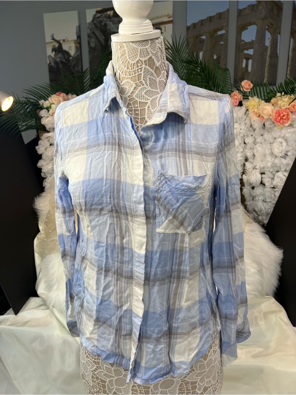 White House Black Market Light Blue and White Plaid Shirt